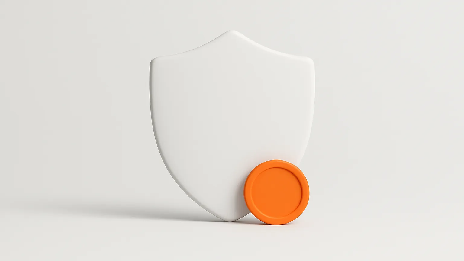 A white shield shape on a light grey surface with a small orange coin resting in front of it