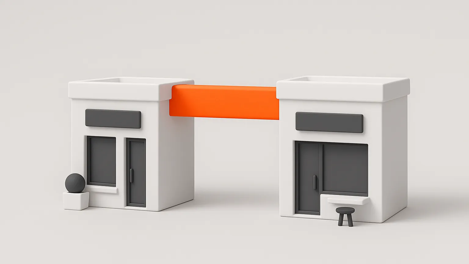 Two white storefront blocks joined by a short orange bridge