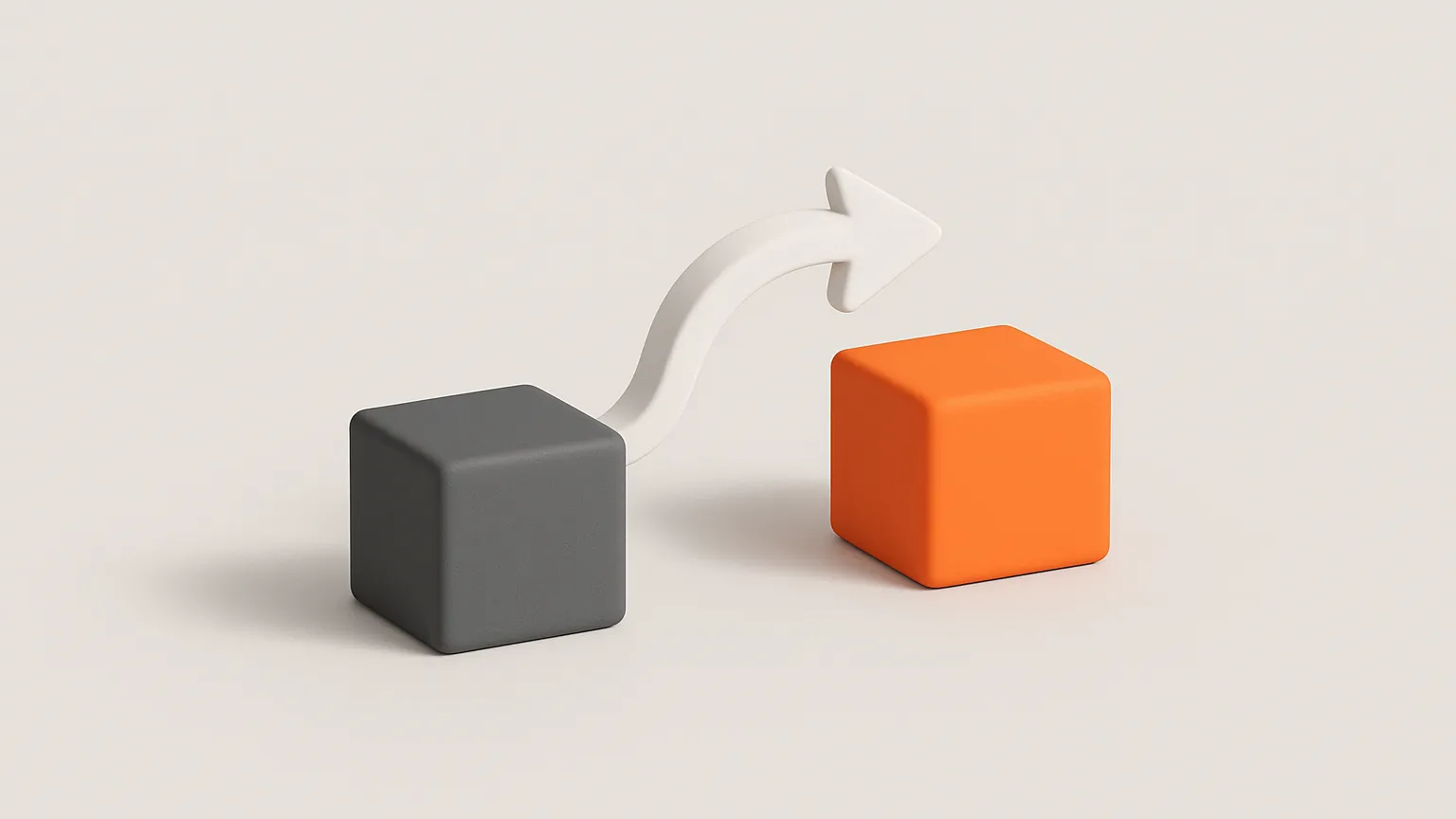 A white arrow curving from a grey cube to an orange cube